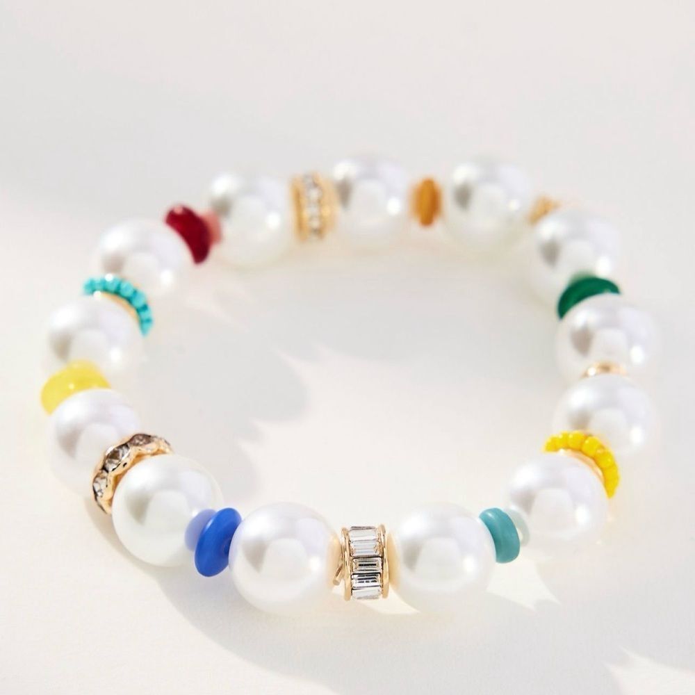 NWT Anthropologie Bracelet Colorful Beaded Pearl Gold-plated Zinc +Jewelry Pouch
